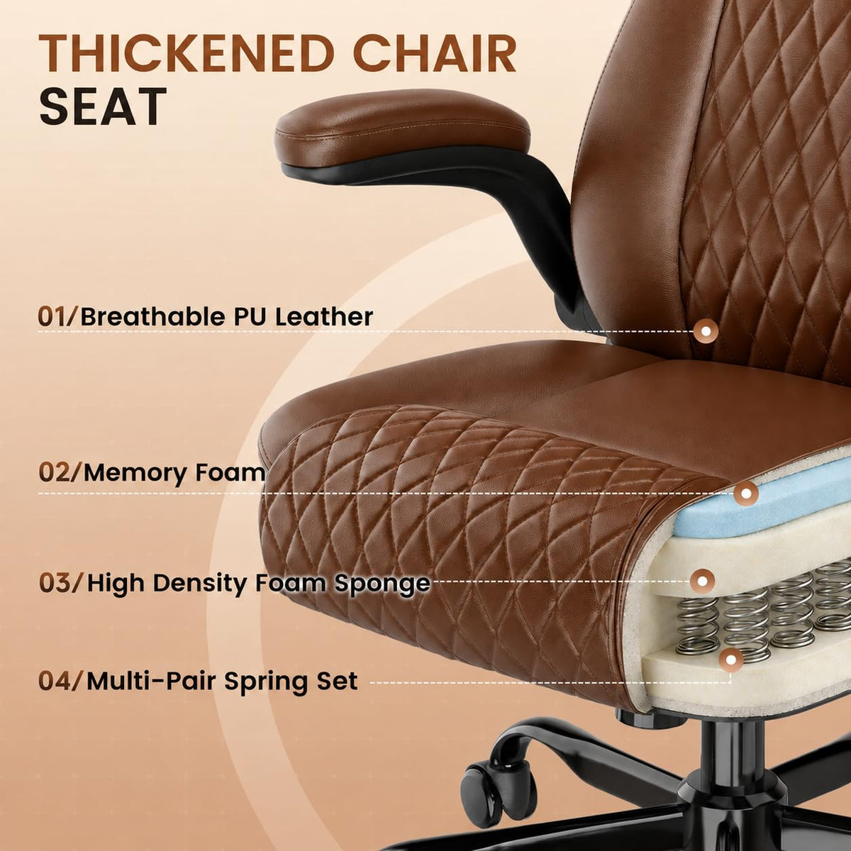 Brown PU Leather Office Chair with Flip-up Arms D327093