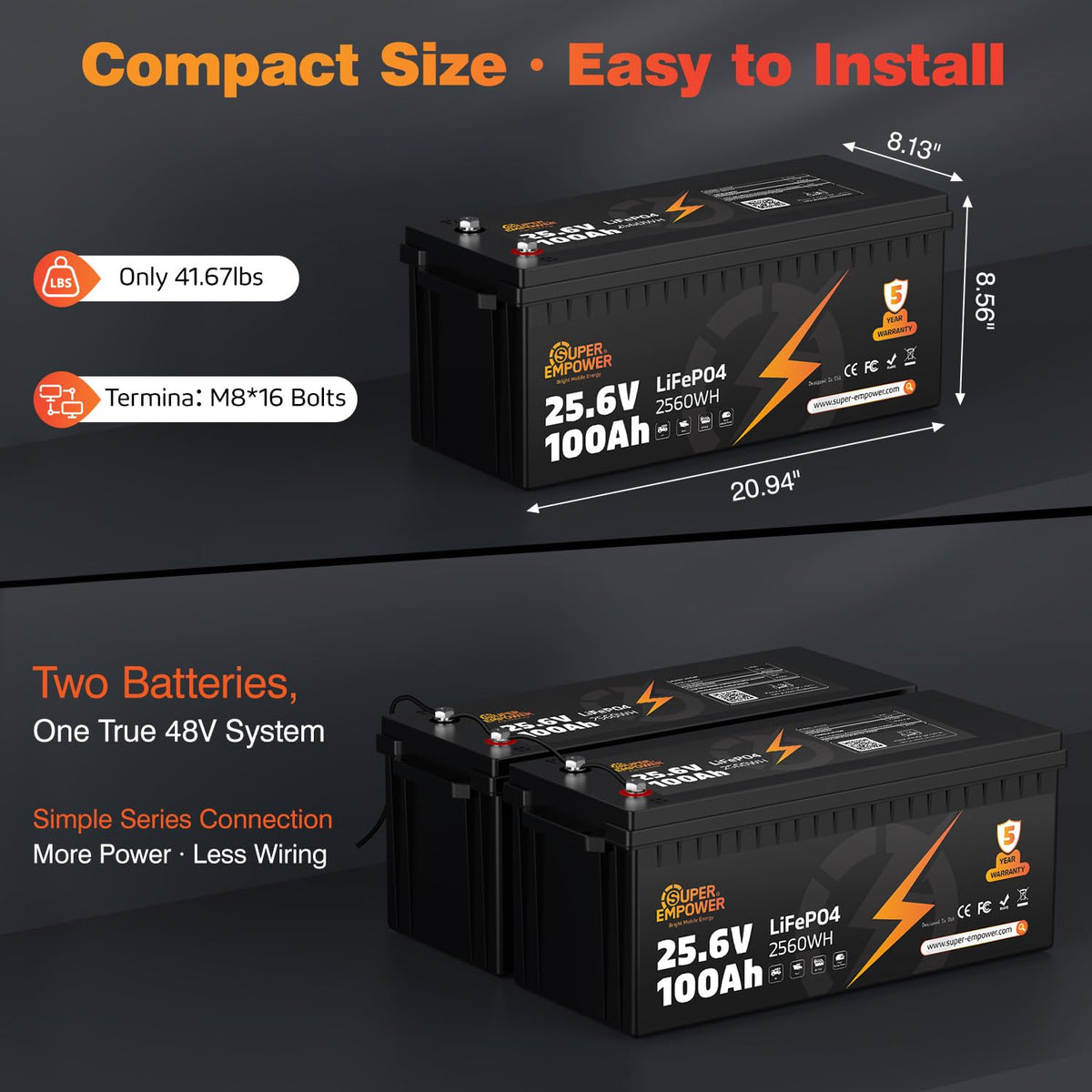 24V 100Ah LiFePO4 Deep Cycle Lithium Battery R3757