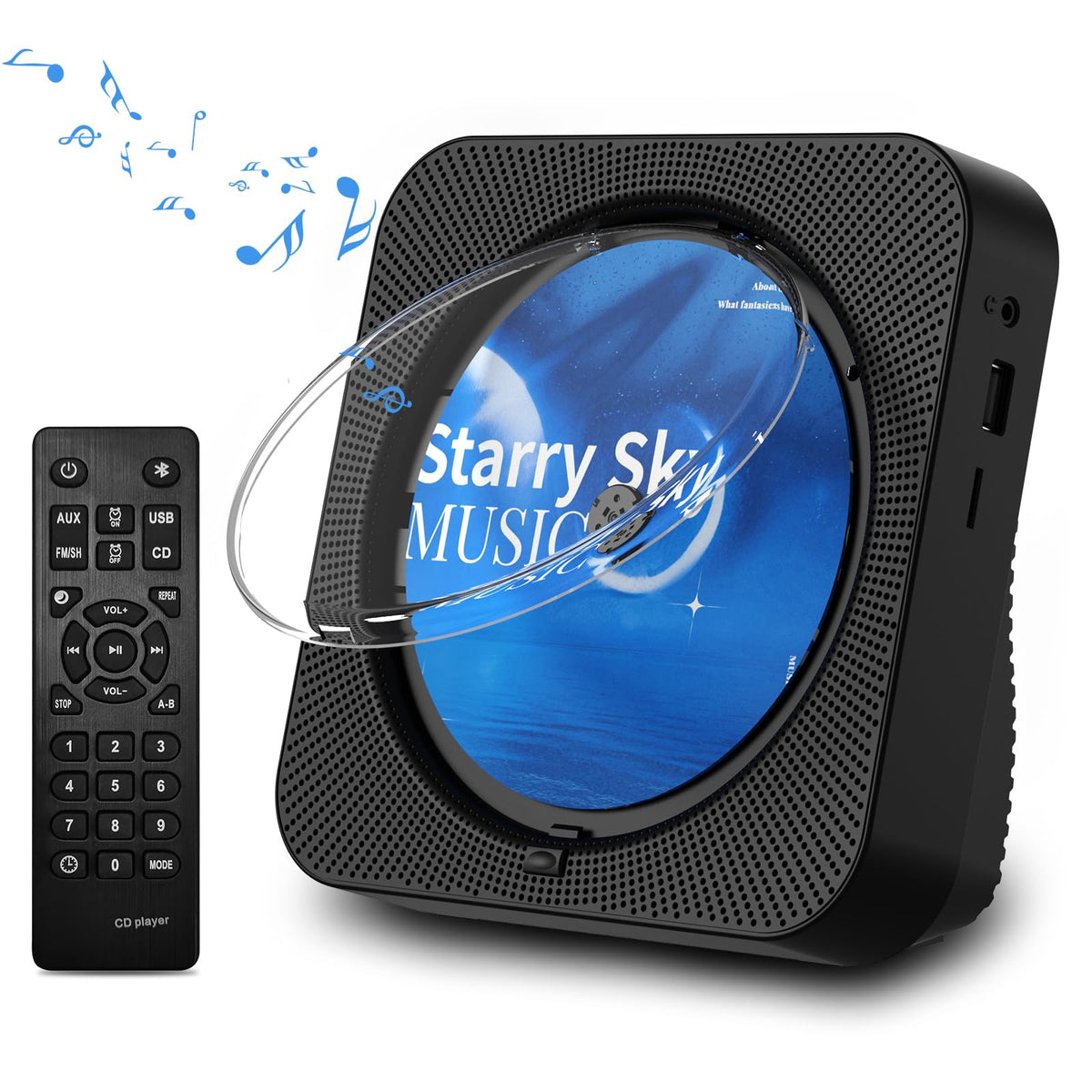Portable Bluetooth CD Player with Speakers, Remote Control, LED Display, FM Radio, USB/AUX (Black) U555646