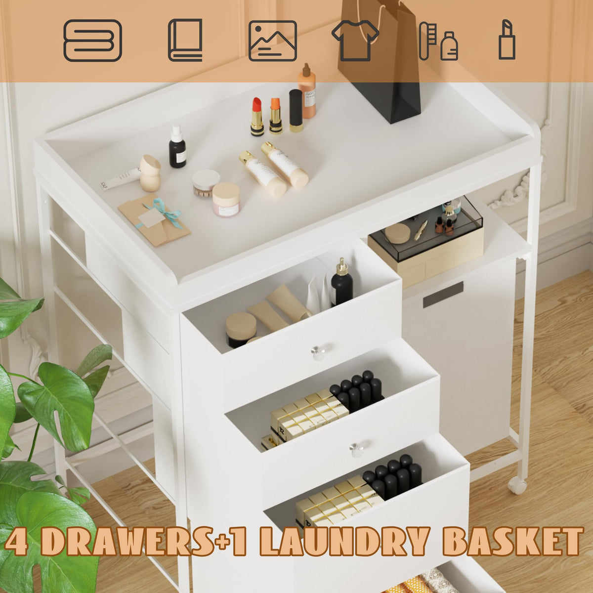 White 4 Drawer Changing Station Dresser with Laundry Hamper S290