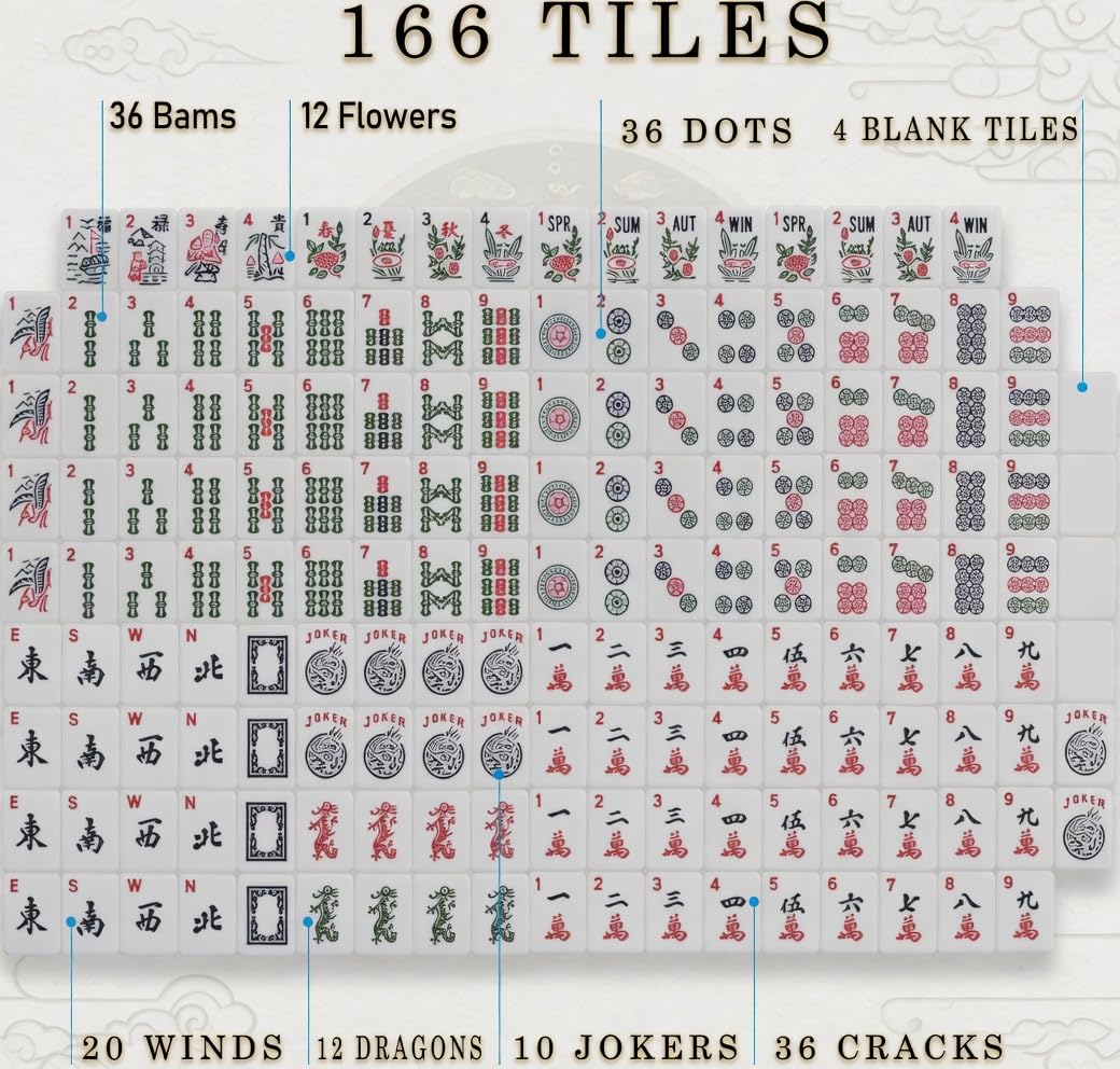 Complete American Mahjong Set with 166 Tiles, Racks, Pushers, Dice, Chips, Instructions & Bag E984464