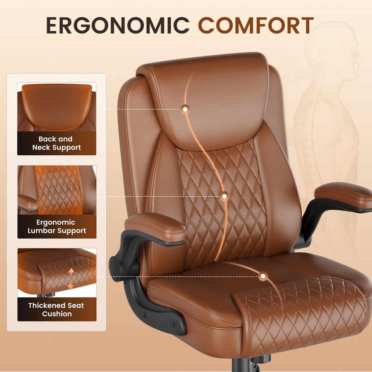 Brown PU Leather Office Chair with Flip-up Arms D327093