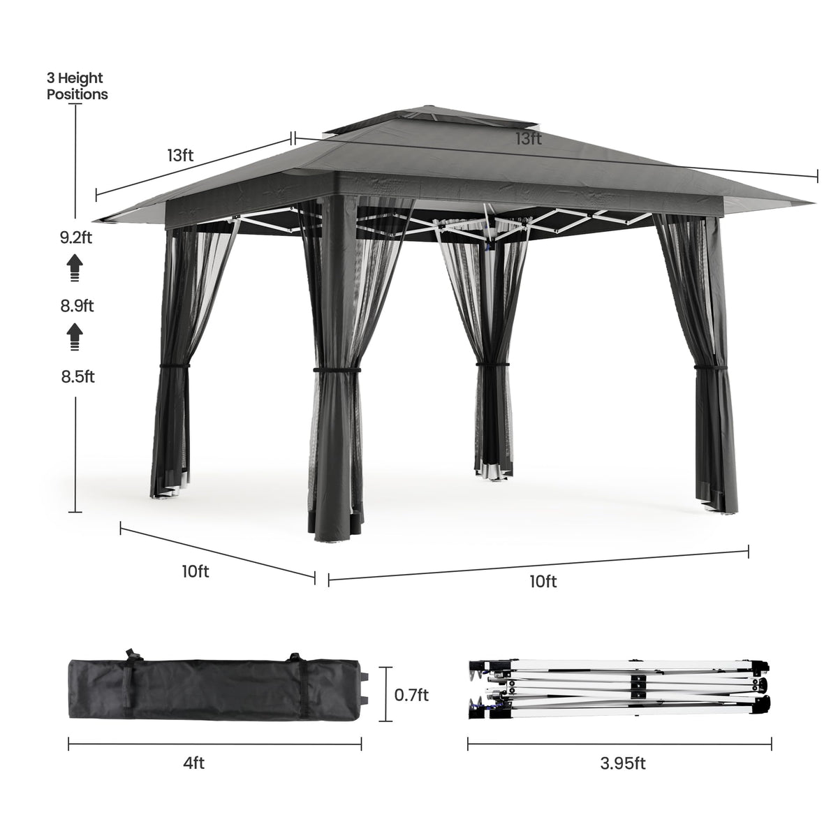 13x13 Pop Up Gazebo Tent with Mosquito Netting Grey E90098