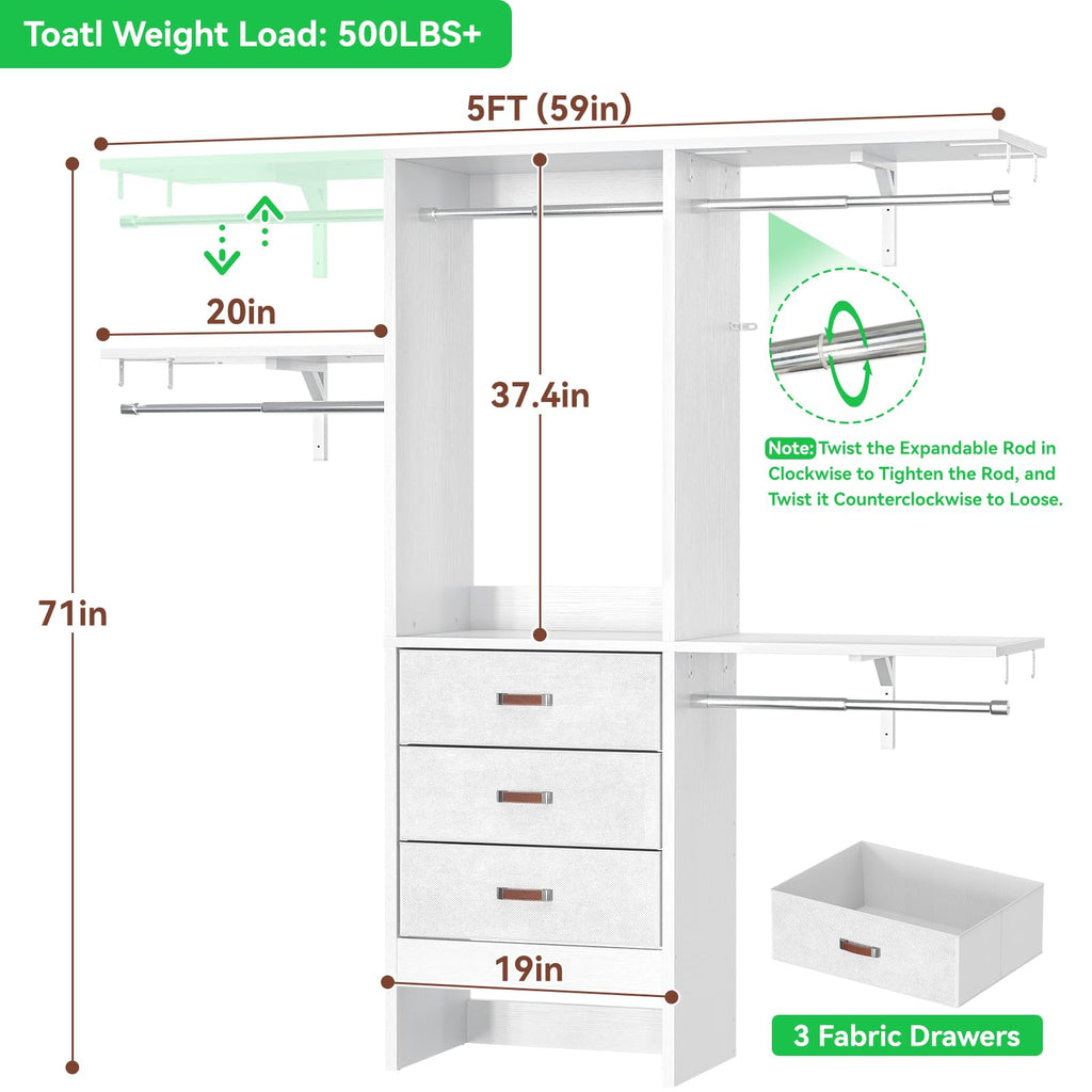 5FT Closet System with 3 Fabric Drawers T88100