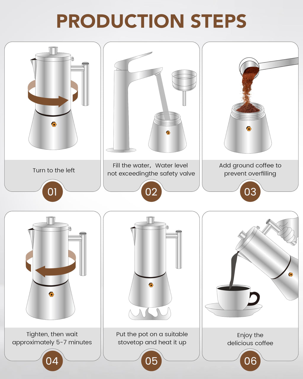 6 Cup Stainless Steel Stovetop Moka Pot V7005