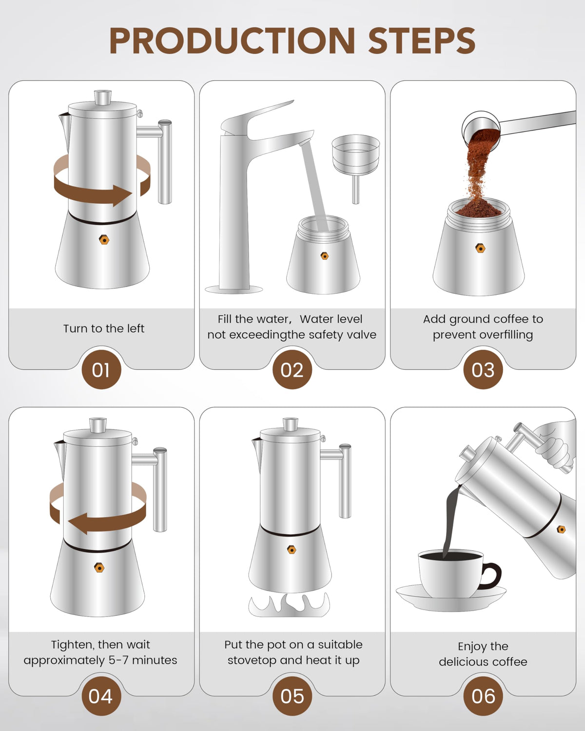 6 Cup Stainless Steel Stovetop Moka Pot V7005