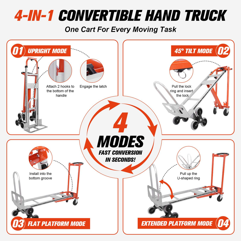 4-in-1 Convertible Stair Climbing Hand Truck, 1000LBS Heavy Duty Folding Aluminum Dolly Cart with Wheels & Handle N8561