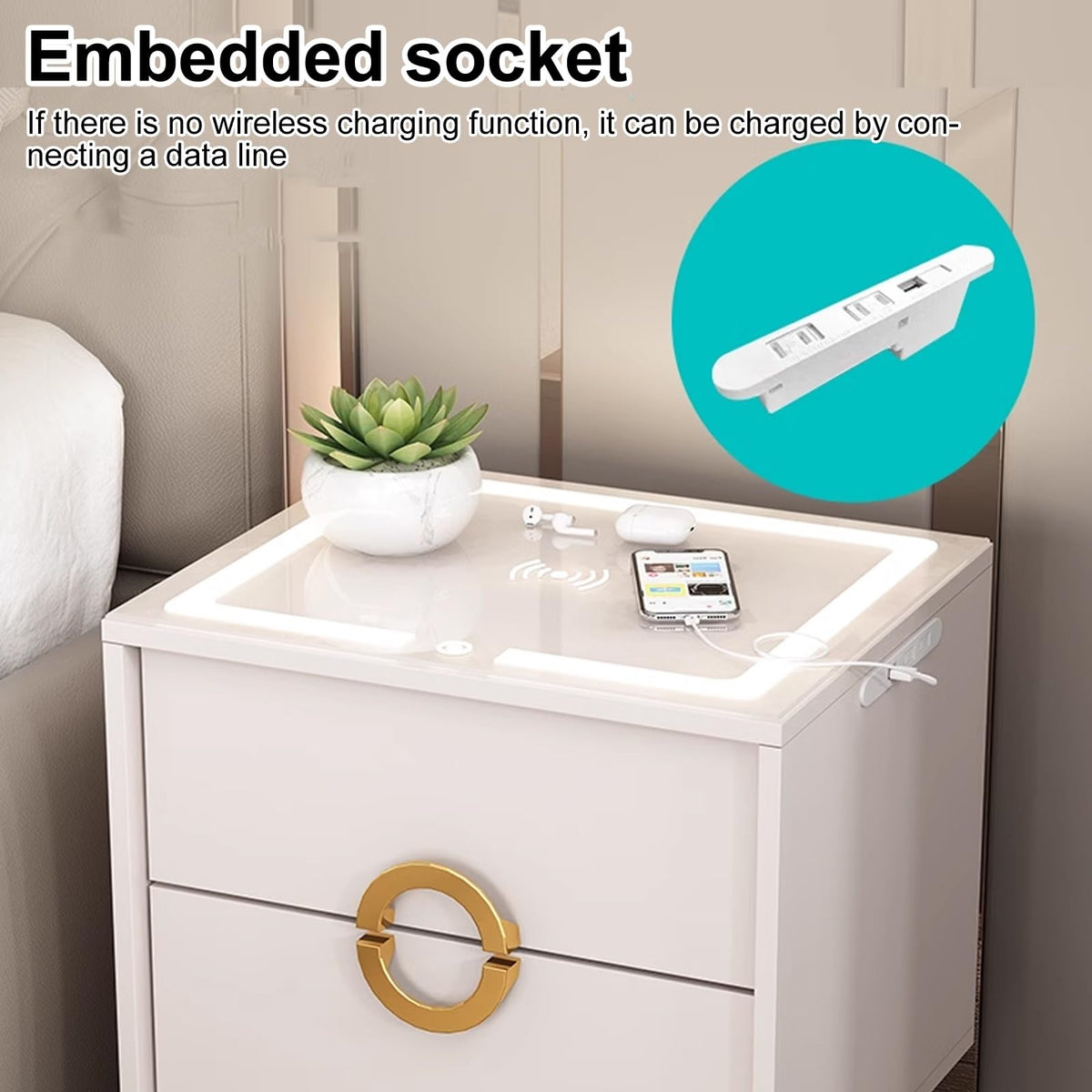 Smart Nightstand with Wireless Charging Station and 3 Colors Led Lights B659