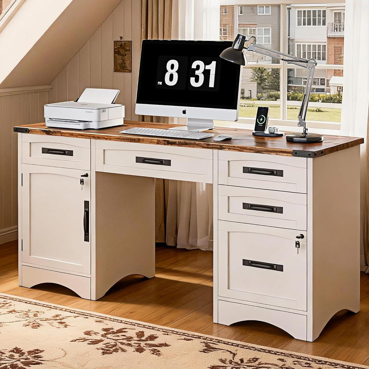 White Wood Executive Desk with Drawers and File Cabinet E160