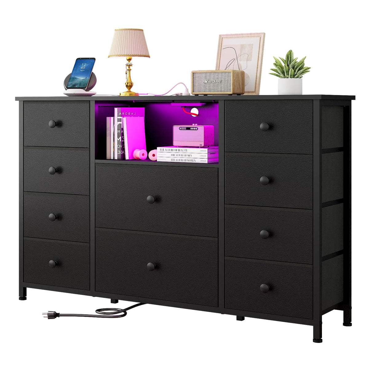 Black Dresser with Charging Station and LED Lights C8351