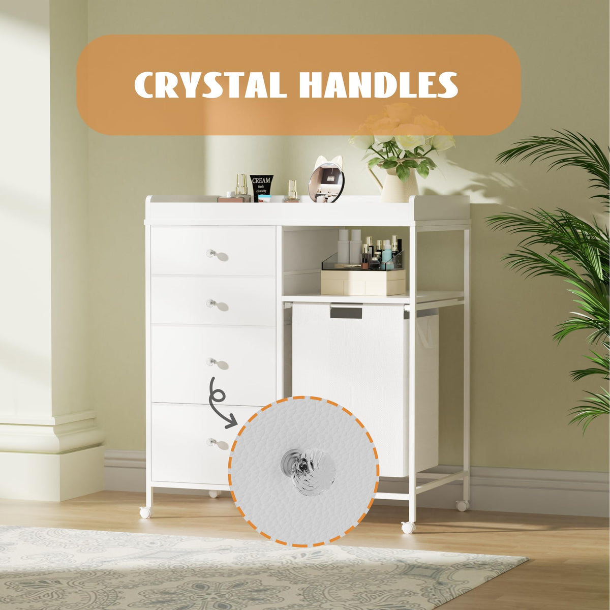 White 4 Drawer Changing Station Dresser with Laundry Hamper S290