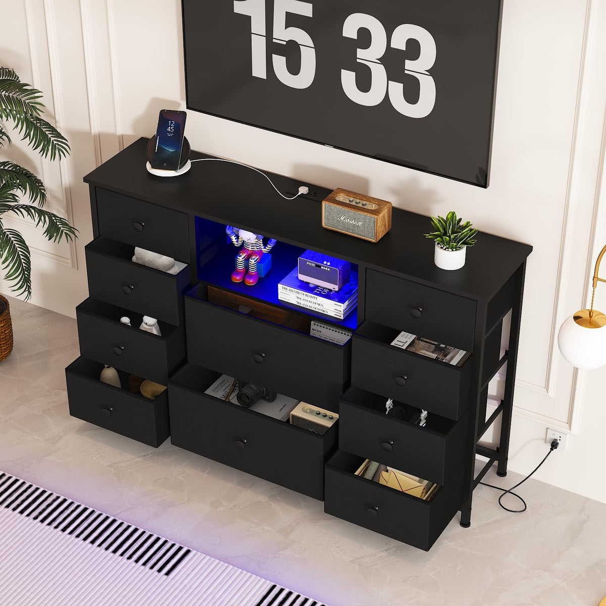Black Dresser with Charging Station and LED Lights C8351