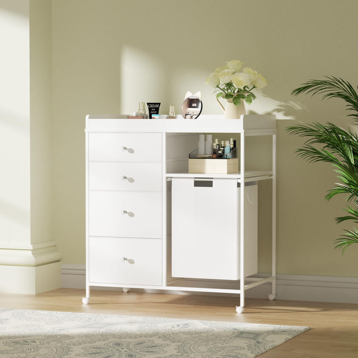 White 4 Drawer Changing Station Dresser with Laundry Hamper S290