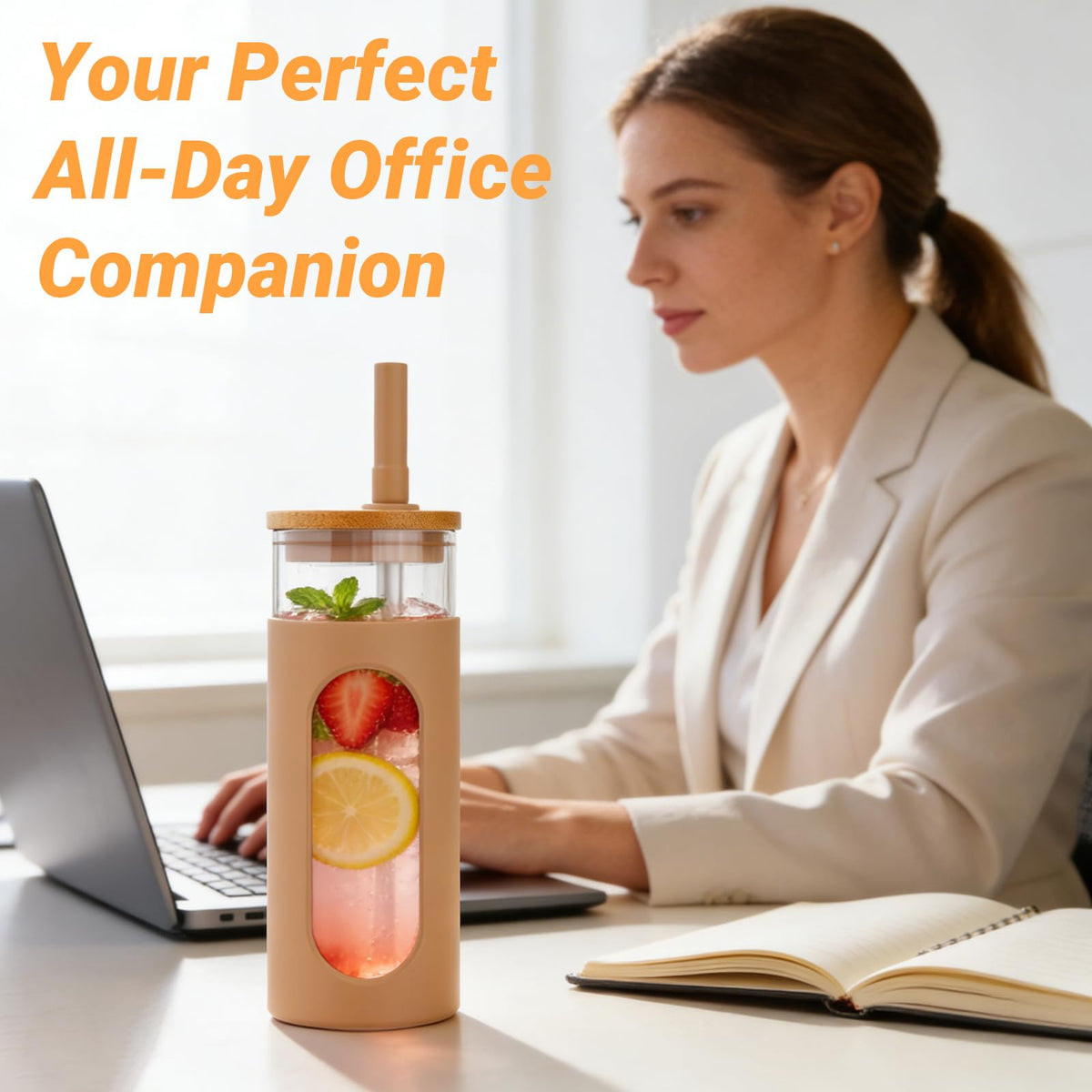 22 oz Glass Tumbler with Lid & Straw B82540