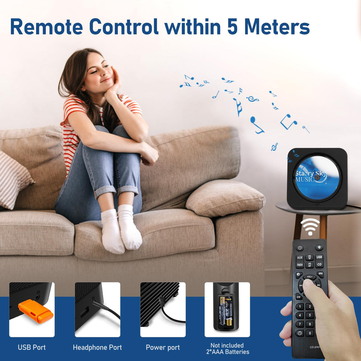 Portable Bluetooth CD Player with Speakers, Remote Control, LED Display, FM Radio, USB/AUX (Black) U555646