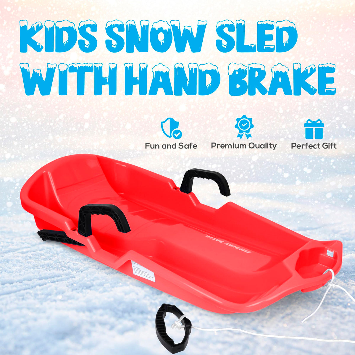 Red Flexible Plastic Toboggan Snow Sled with Brake V1223
