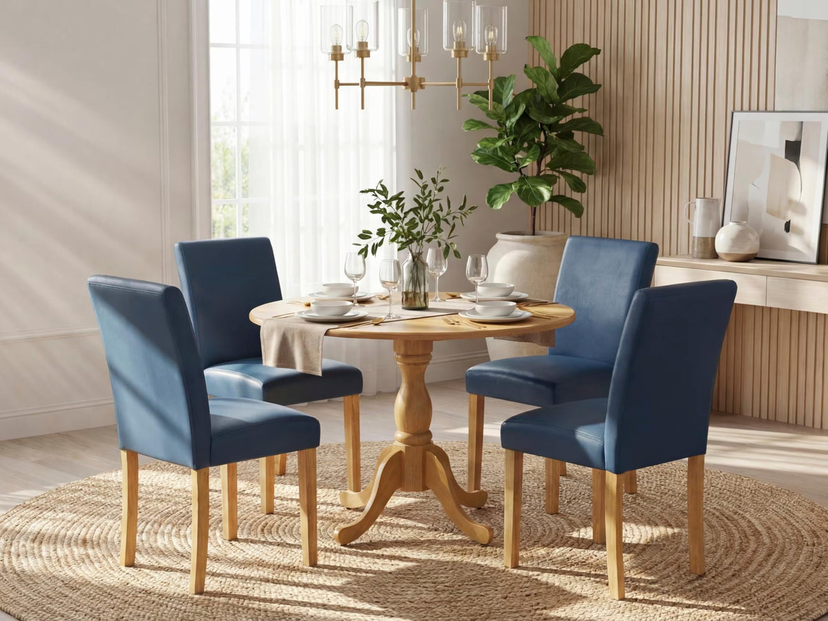 5 Piece Oak Dining Set with Dropleaf Table and 4 Blue Chairs C425397