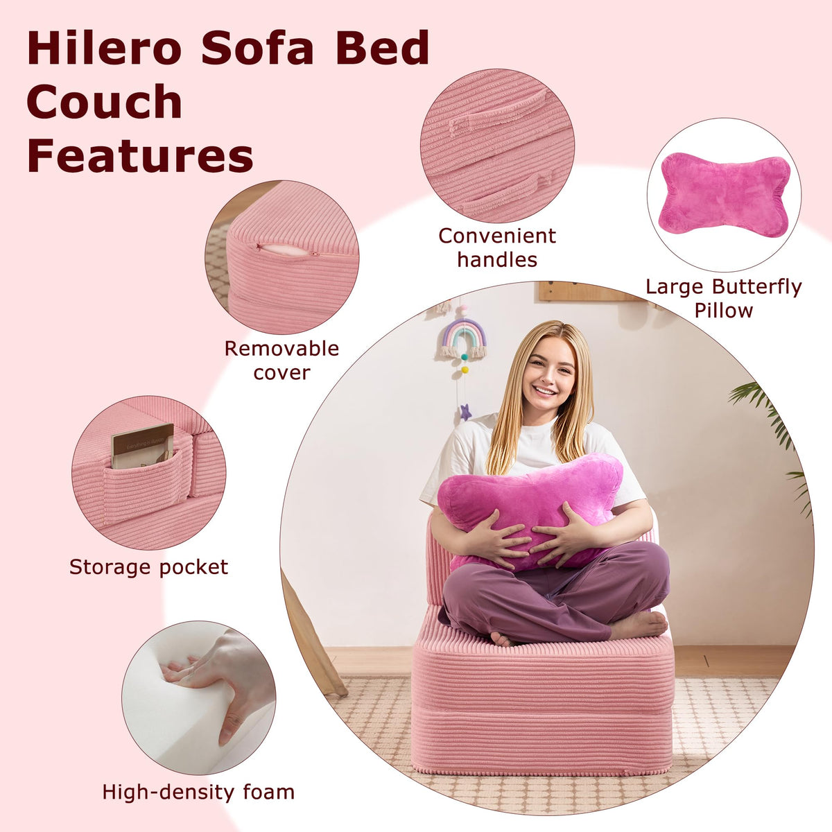 Pink Folding Convertible Sofa Bed I680