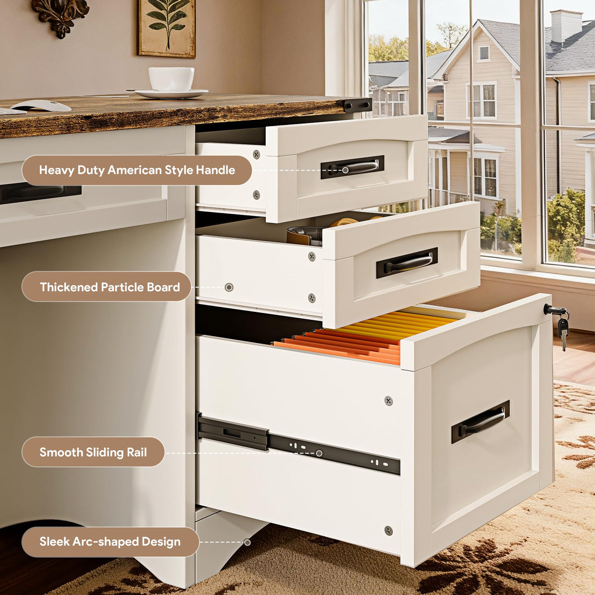 White Wood Executive Desk with Drawers and File Cabinet E160