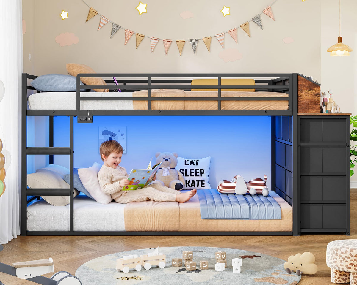 Twin Over Twin Metal Bunk Bed with Storage & LED Lights M12814