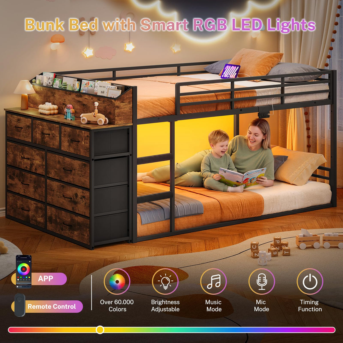 Twin Over Twin Metal Bunk Bed with Storage & LED Lights M12814