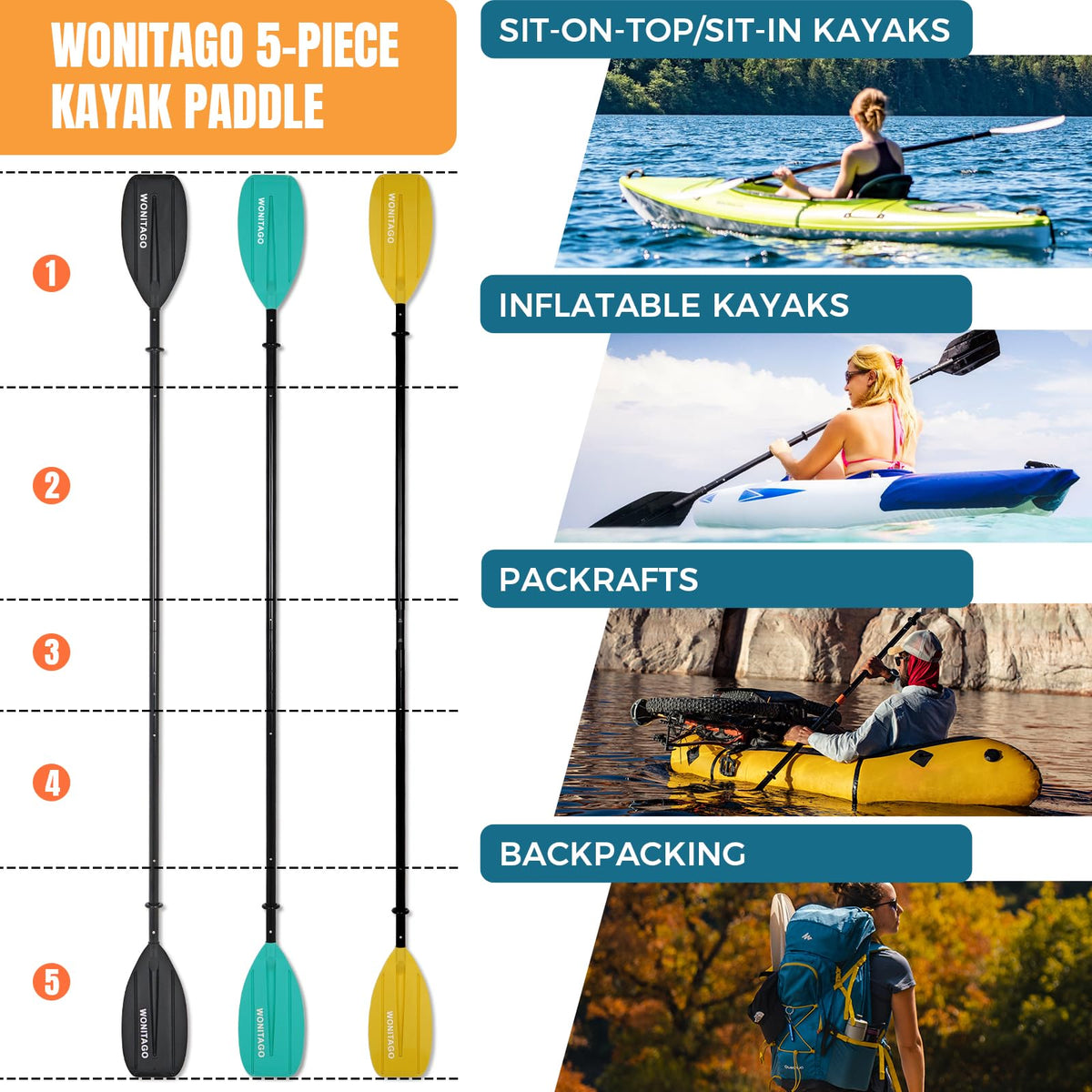 Adjustable Portable 5-Piece Kayak Paddle S677
