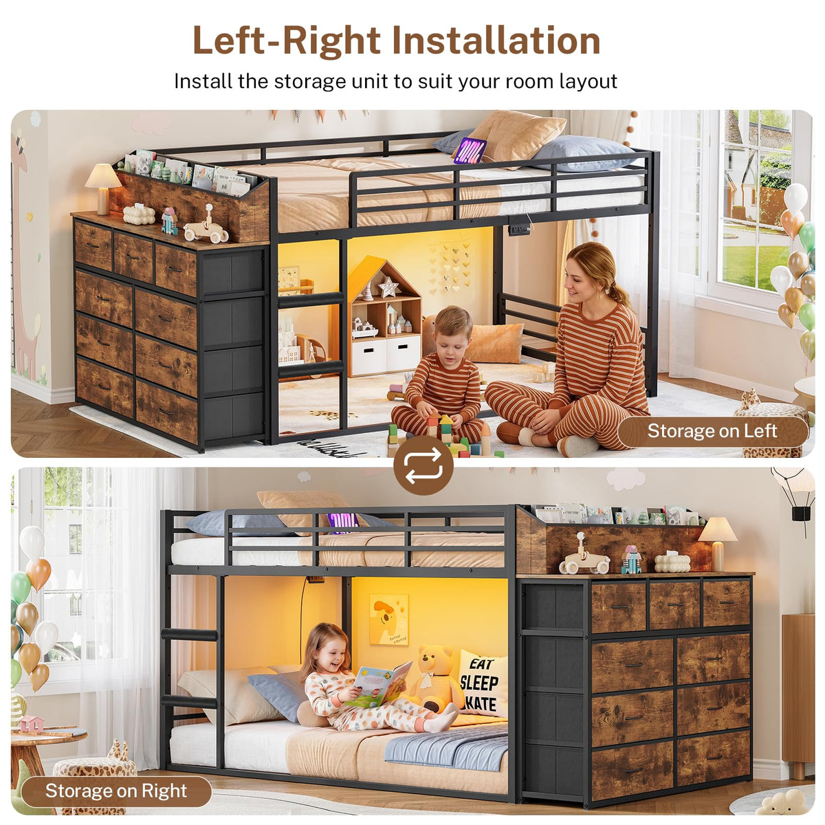 Twin Over Twin Metal Bunk Bed with Storage & LED Lights M12814