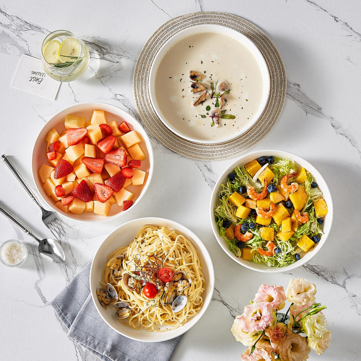 48 Oz White Ceramic Pasta Bowls Set of 4 L6995