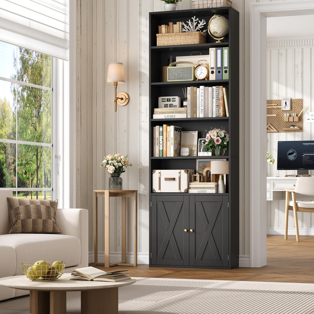 82" Tall Black Bookcase with Doors U78642
