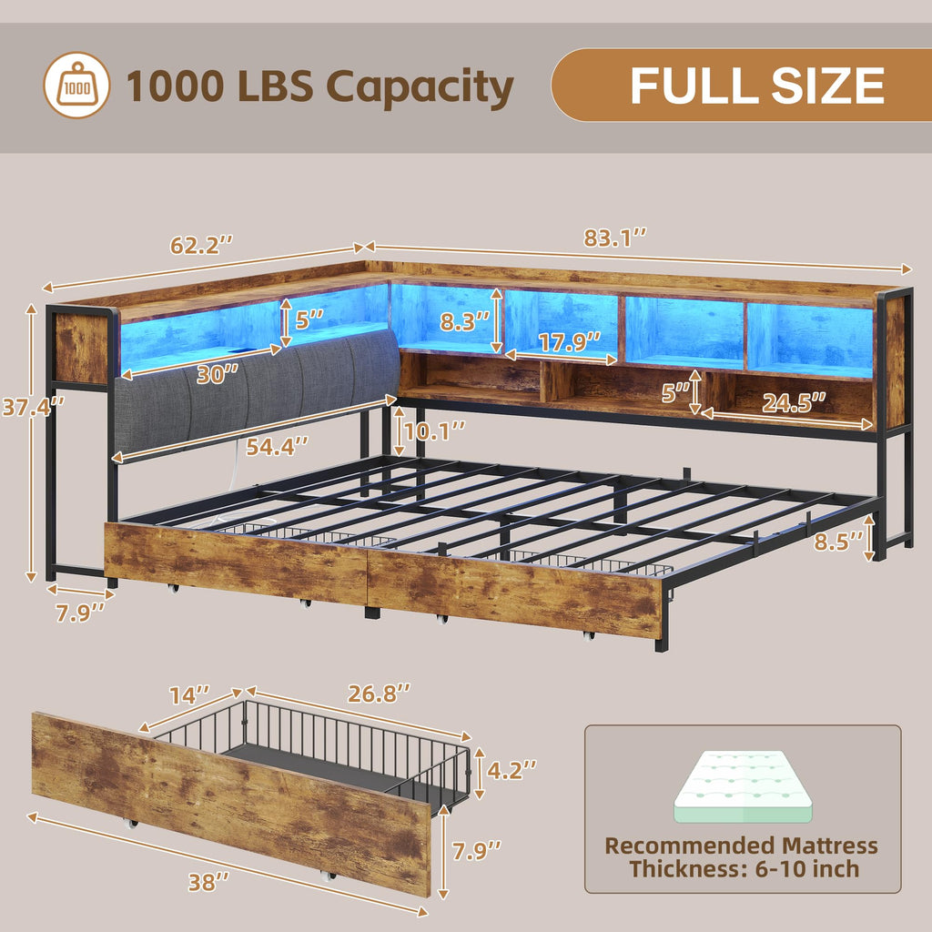 Brown Corner Bed Frame with Storage Headboard and 2 Drawers S6337
