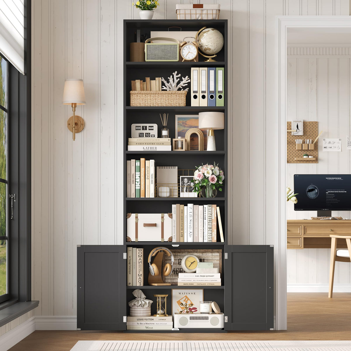 82" Tall Black Bookcase with Doors U78642