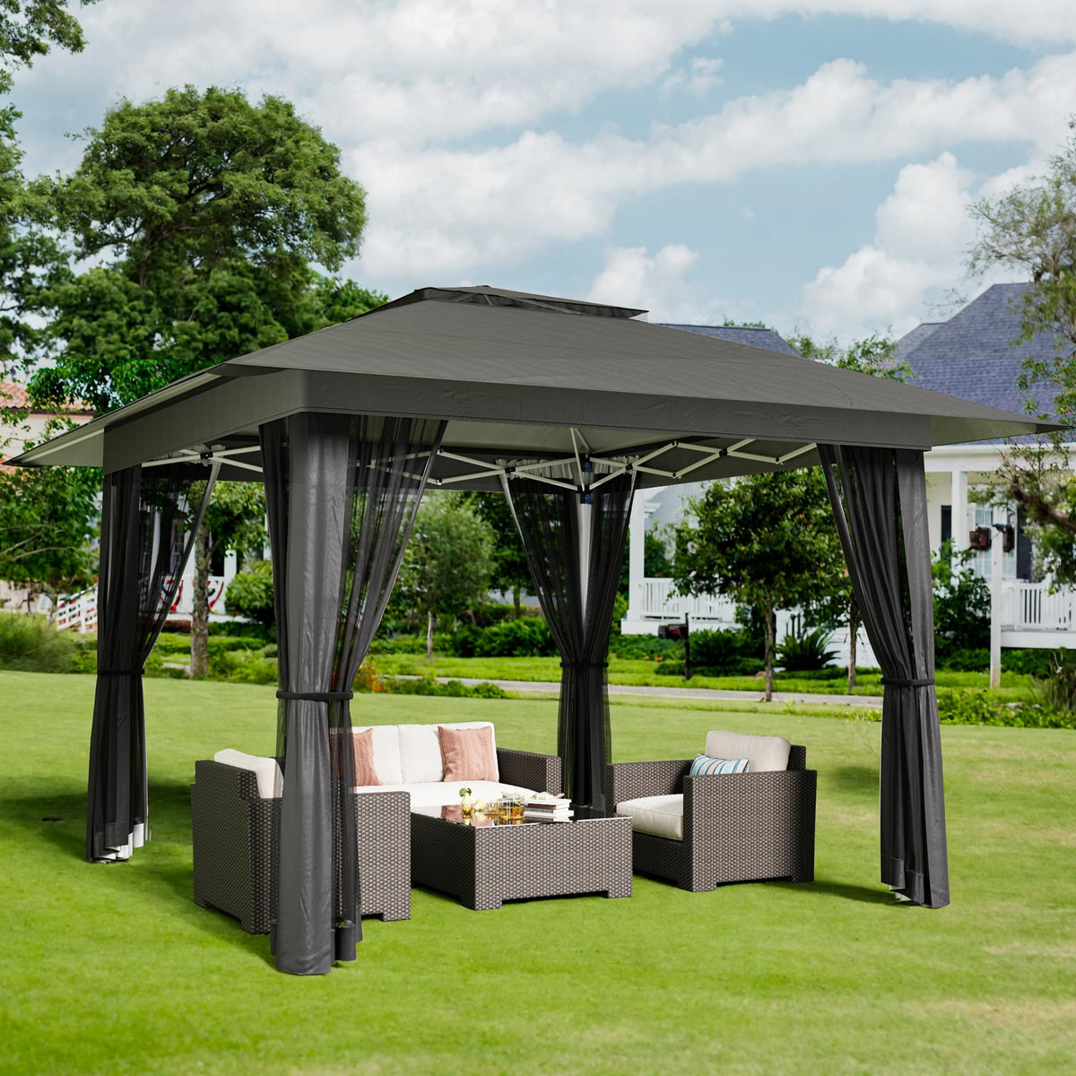 13x13 Pop Up Gazebo Tent with Mosquito Netting Grey E90098