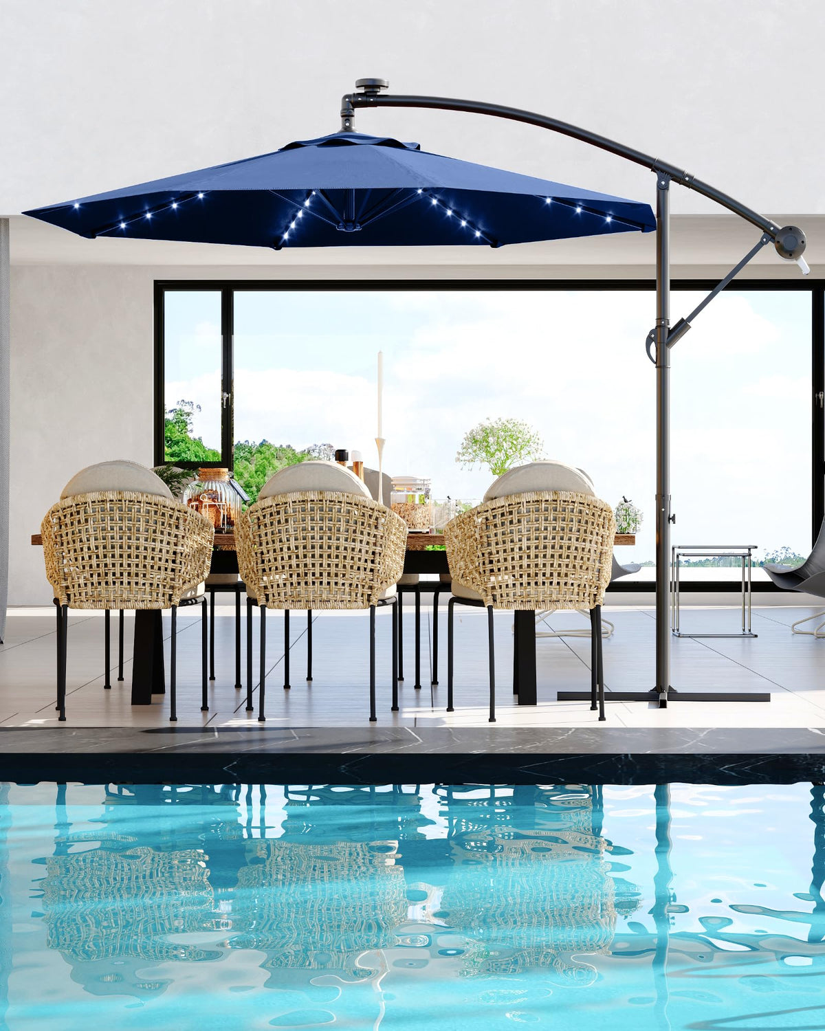 10 ft Navy Blue Cantilever Umbrella with Solar Lights U1000