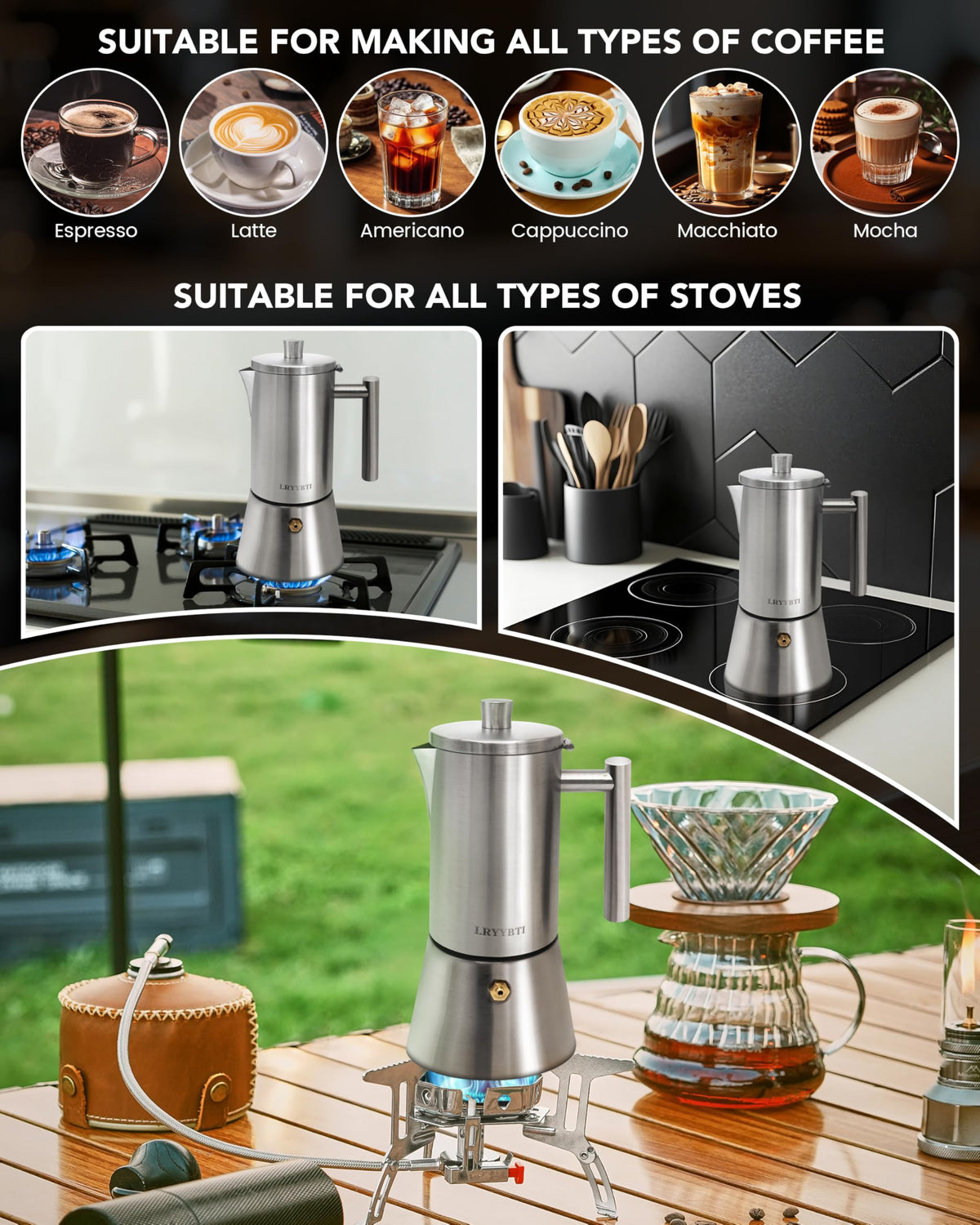 6 Cup Stainless Steel Stovetop Moka Pot V7005