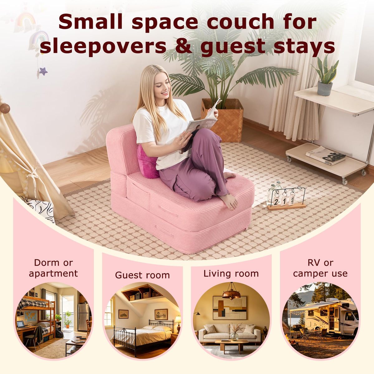 Pink Folding Convertible Sofa Bed I680