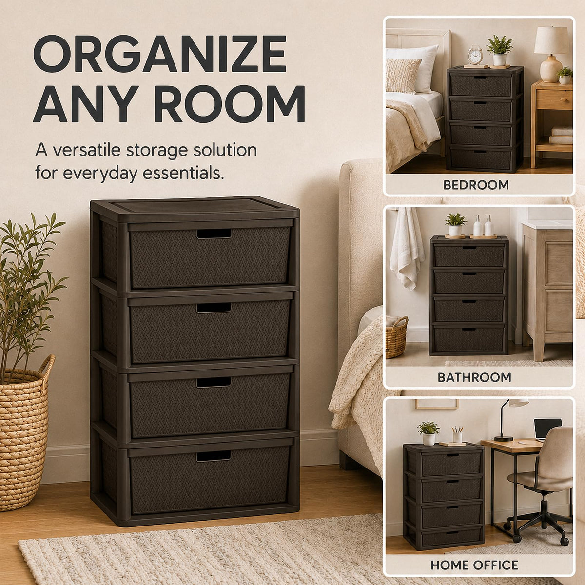 Brown 4-Drawer Plastic Storage Tower N929
