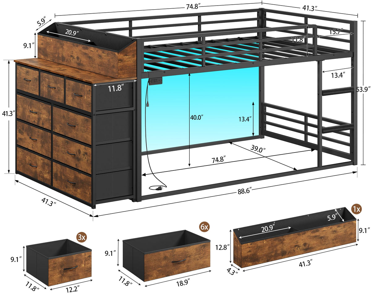 Twin Over Twin Metal Bunk Bed with Storage & LED Lights M12814