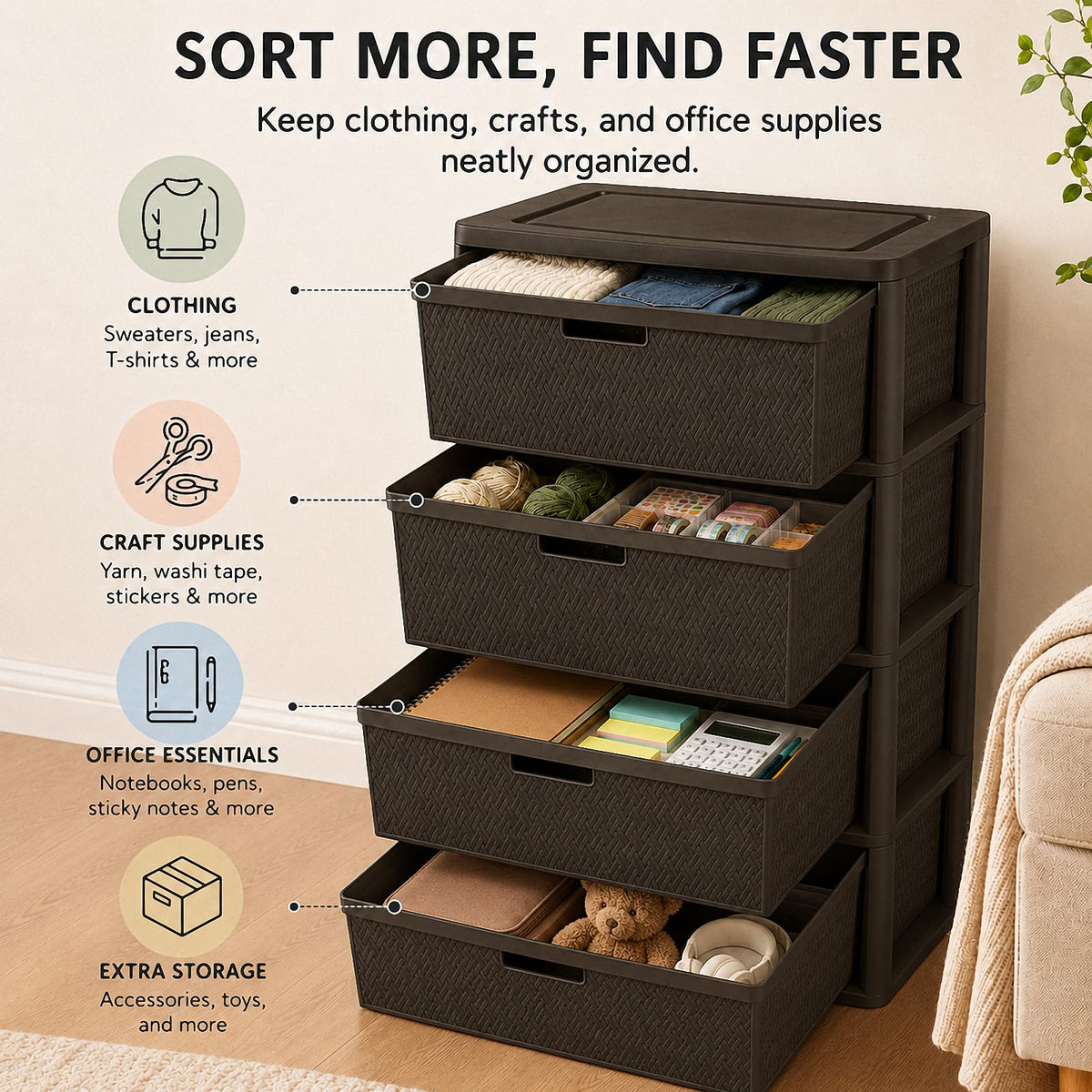Brown 4-Drawer Plastic Storage Tower N929