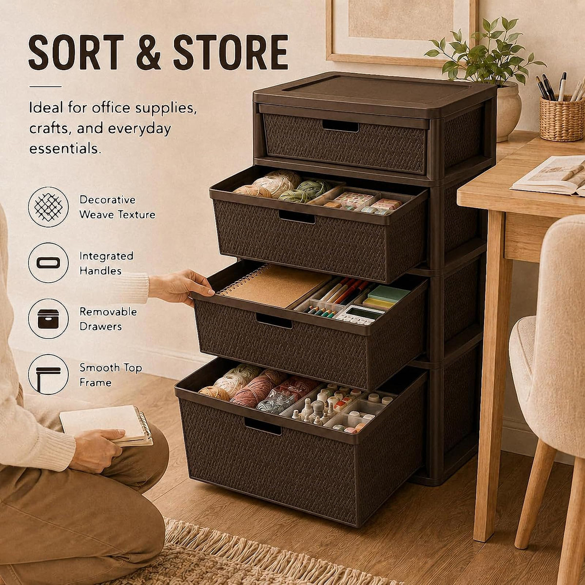 Brown 4-Drawer Plastic Storage Tower N929