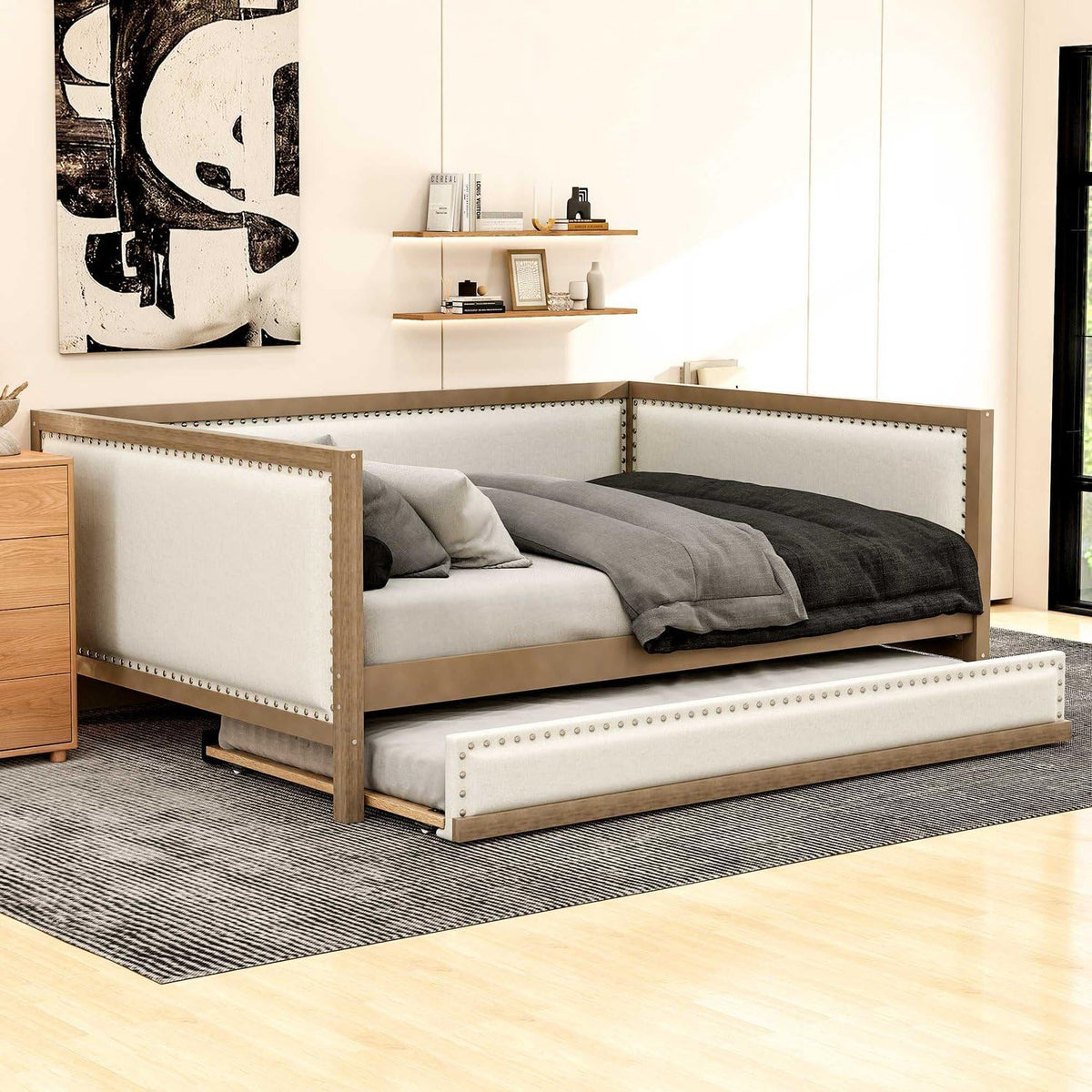 Full Size Upholstered Daybed with Trundle Linen Fabric Y438