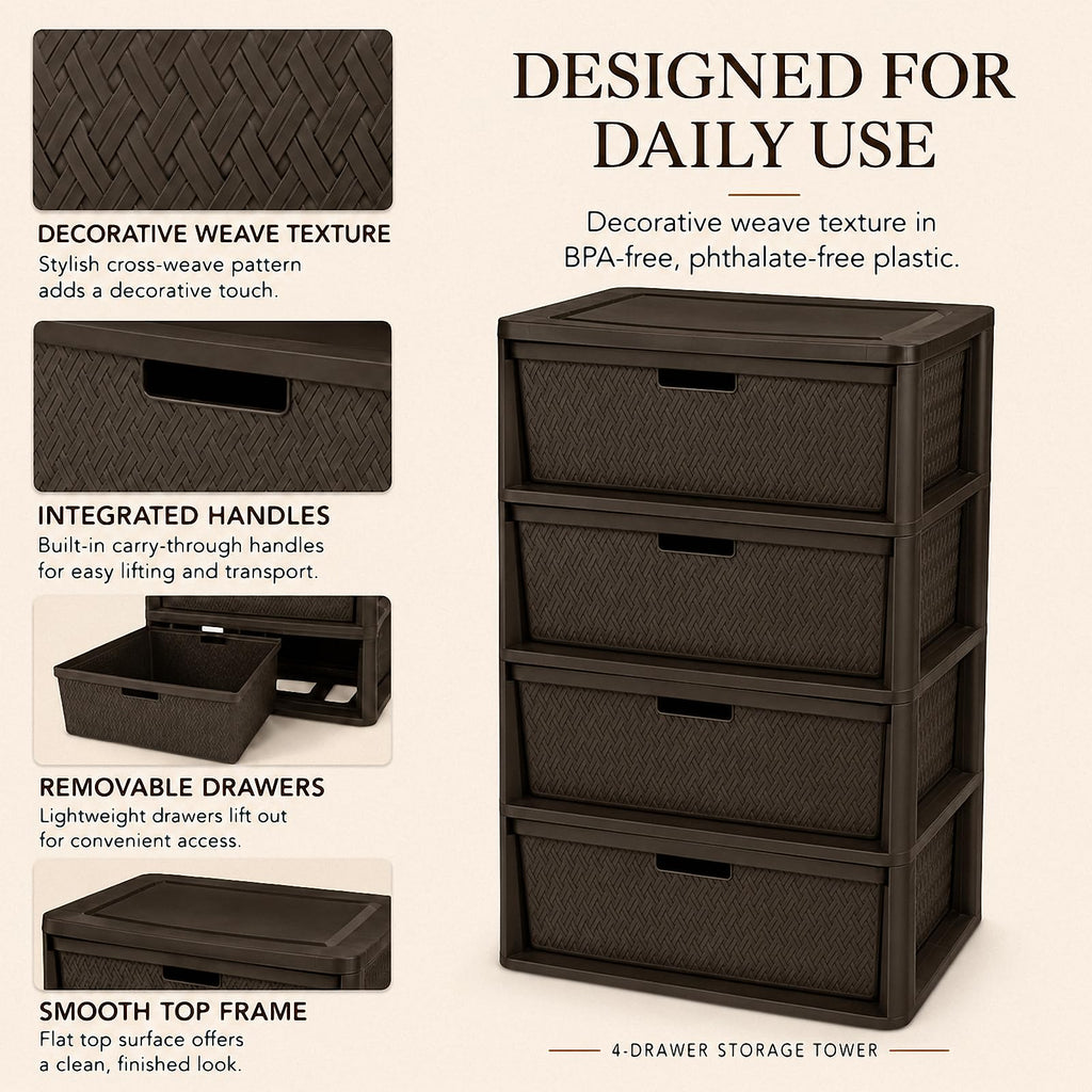 Brown 4-Drawer Plastic Storage Tower N929
