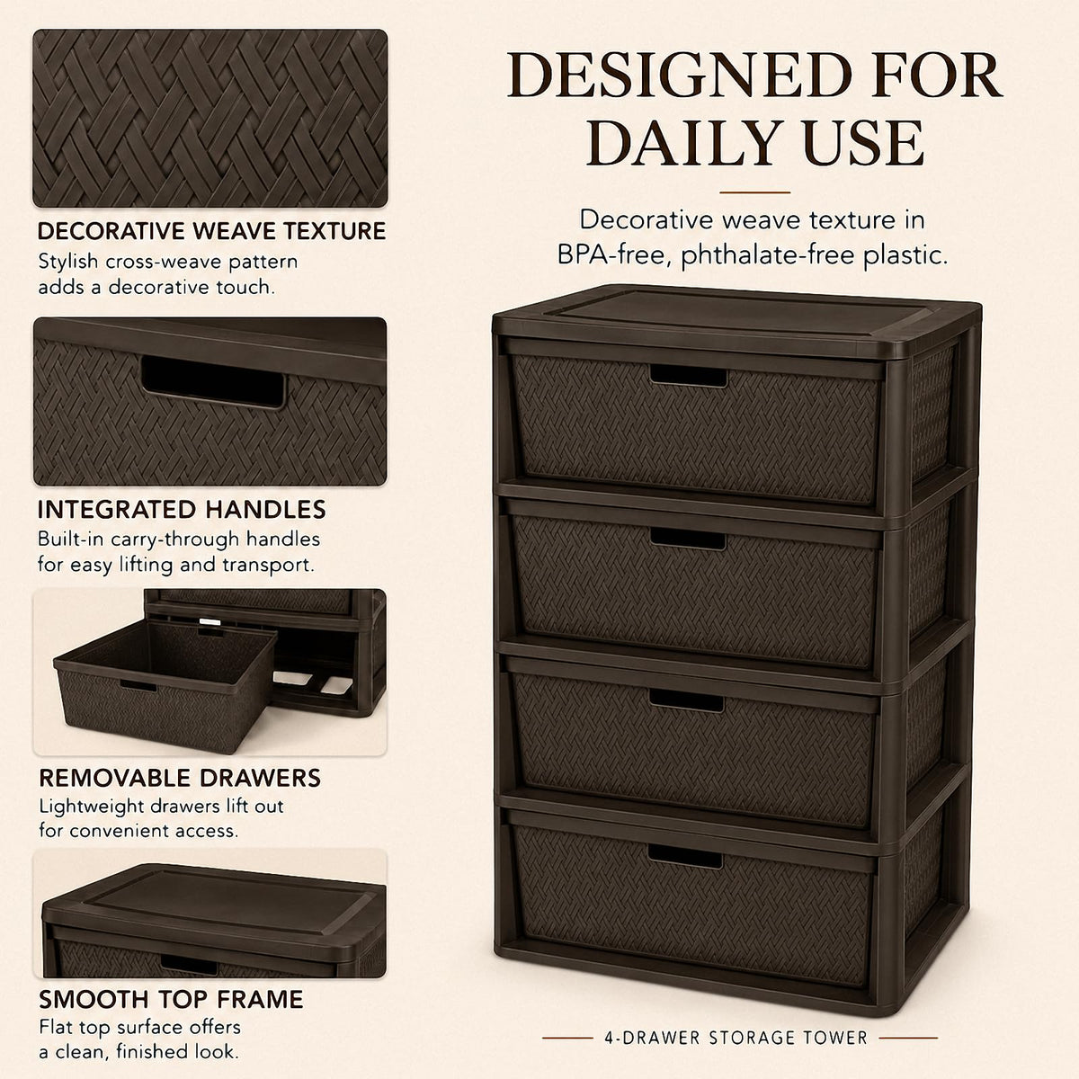 Brown 4-Drawer Plastic Storage Tower N929
