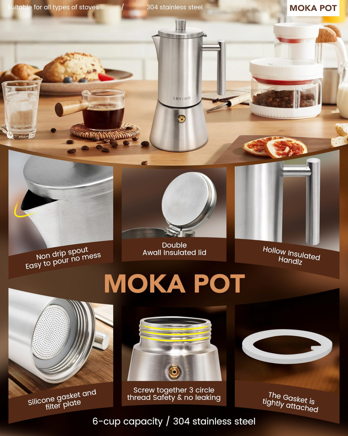 6 Cup Stainless Steel Stovetop Moka Pot V7005