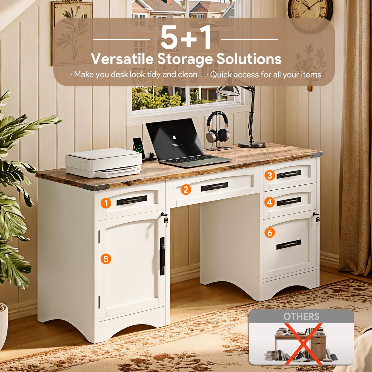White Wood Executive Desk with Drawers and File Cabinet E160