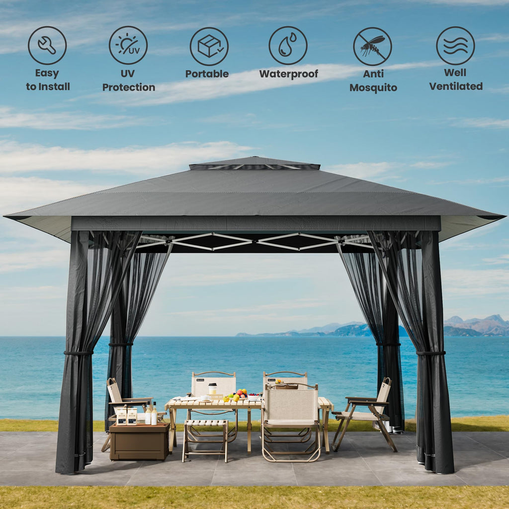 13x13 Pop Up Gazebo Tent with Mosquito Netting Grey E90098