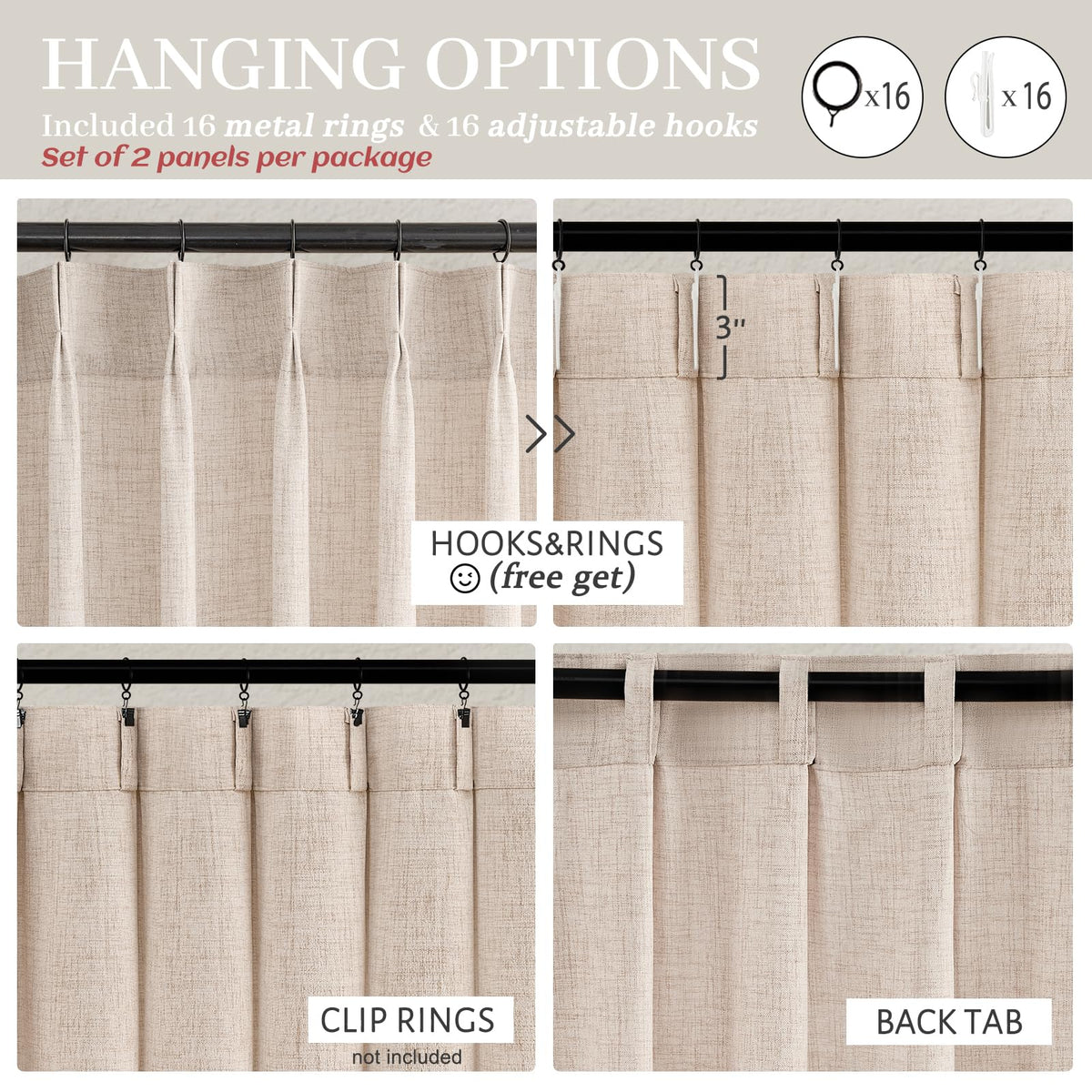 Light Filtering Semi Sheer Linen Curtains 96 Inches 2 Panels Set K80985