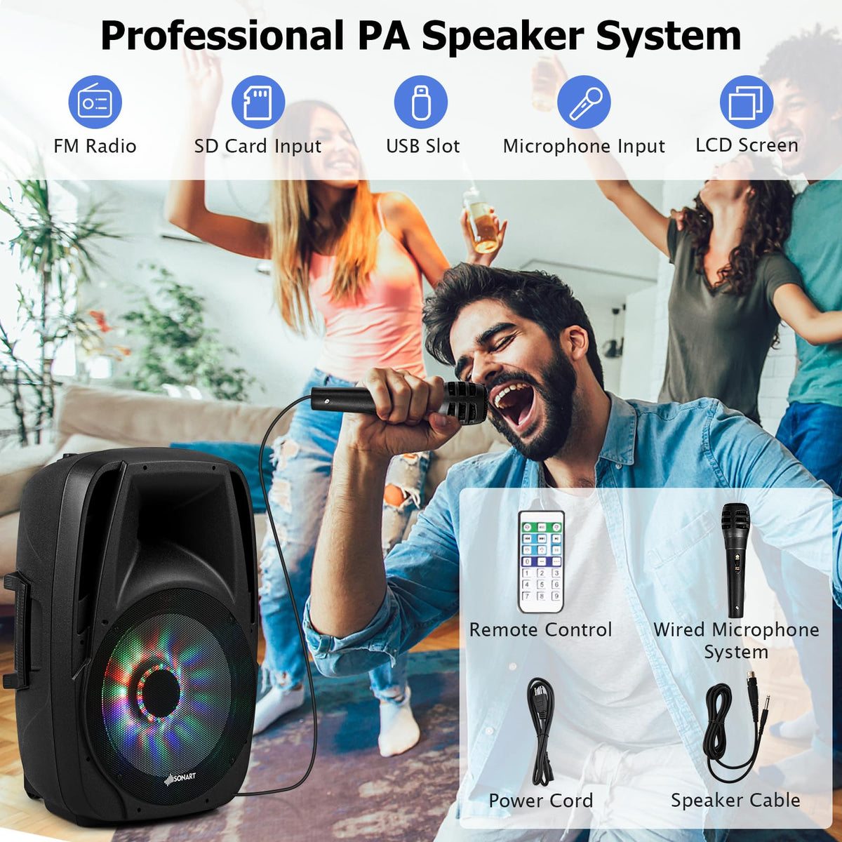 Portable 15" 1500W 2-Way Bluetooth PA Speaker System Set with Stand F213