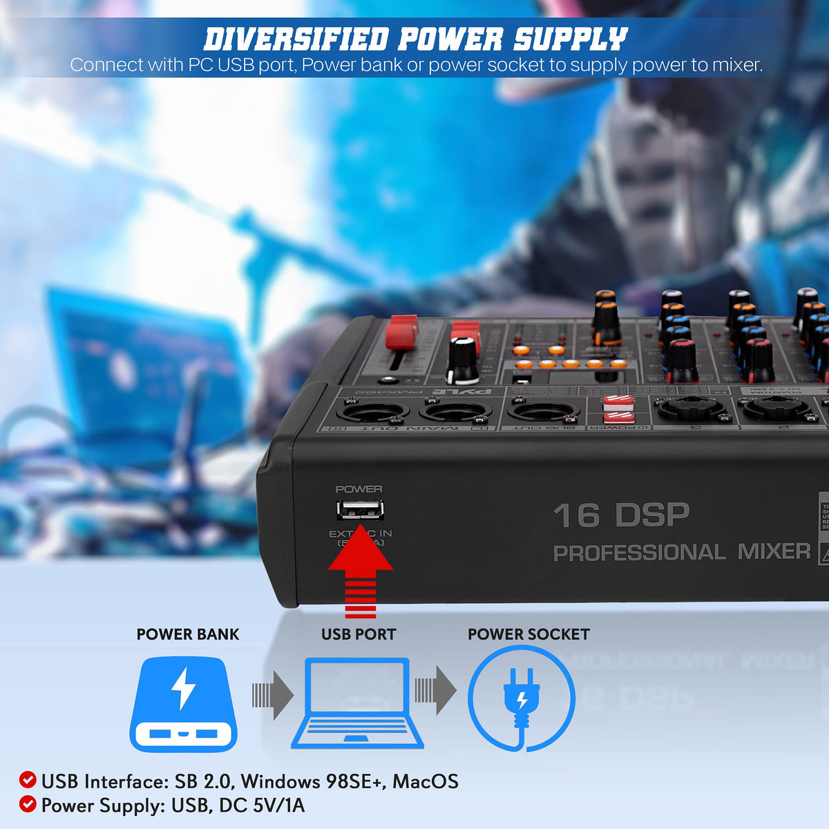 3-Channel DJ Audio Mixer with 16 Preset DSP Effects O18958