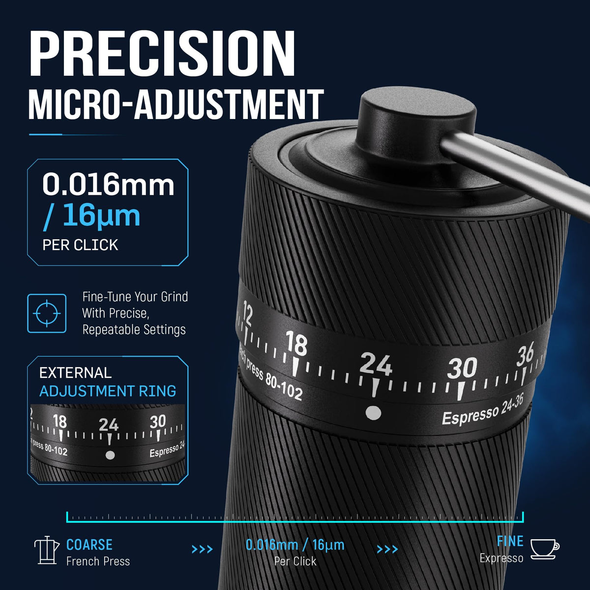 Manual 72-Click Conical Burr Stainless Steel Coffee Grinder H368395