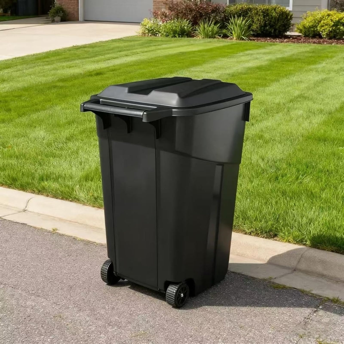 Black 45 Gallon Wheeled Heavy Duty Plastic Trash Can with Lid V9993